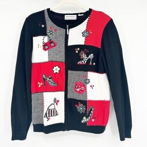 Alfred‎ Dunner Womens Vintage New York Shopping Zip Up Novelty Cardigan Sweater